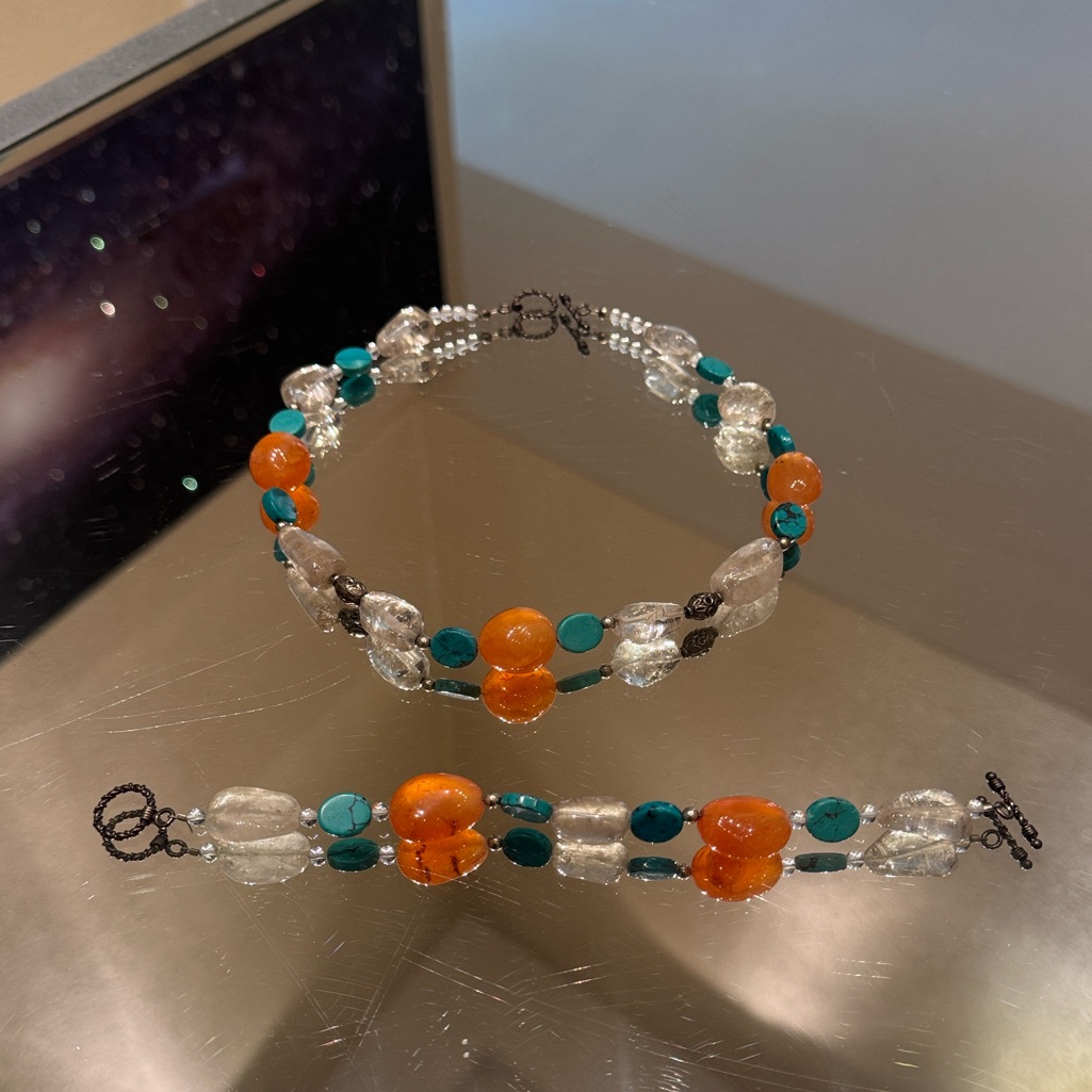 Vintage Sterling Silver Carnelian Turquoise Quartz Beaded Bracelet Artisan Set 80$